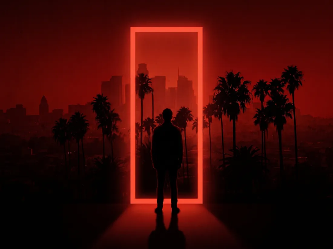 A lone figure silhouetted in a glowing red doorway against a hazy skyline.