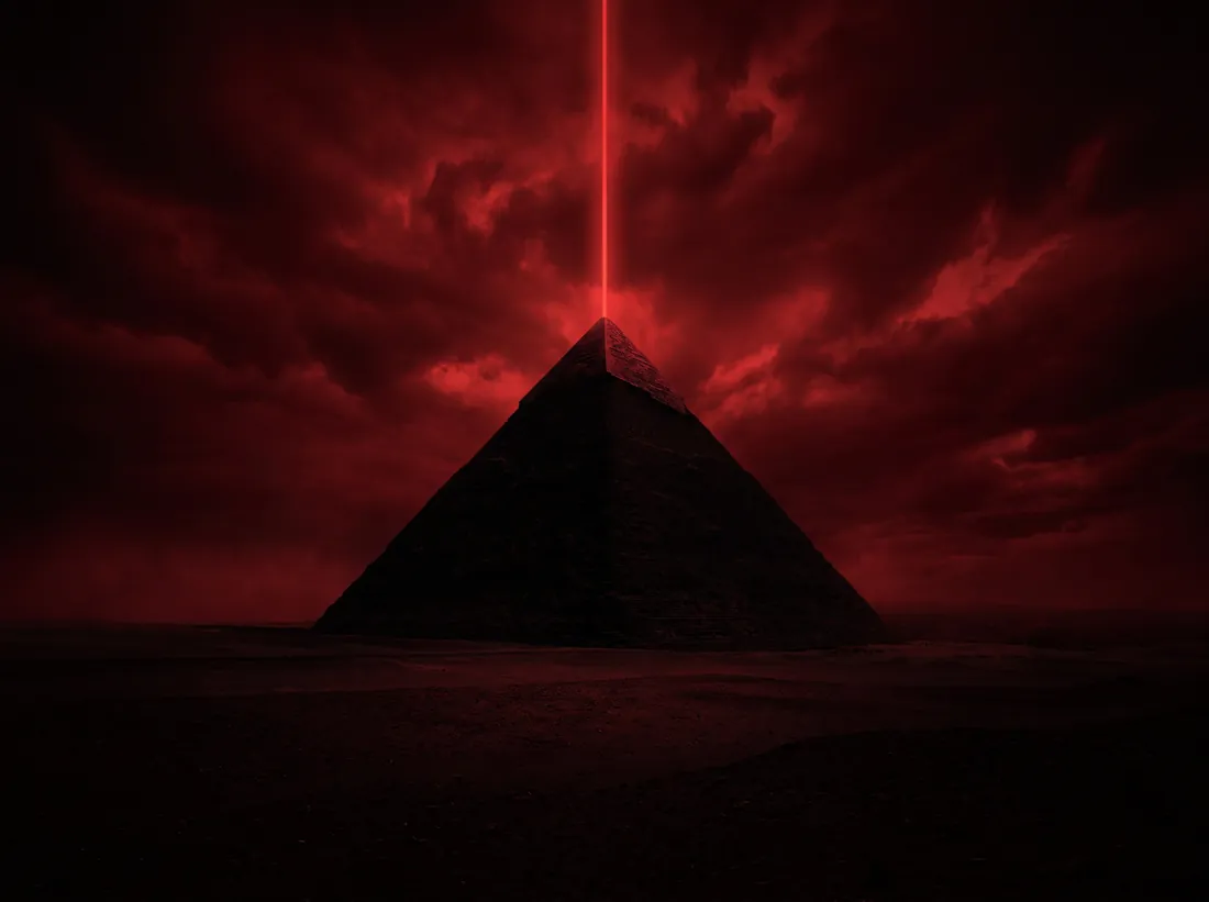 A black pyramid beneath a red sky with a beam of light rising from its apex.