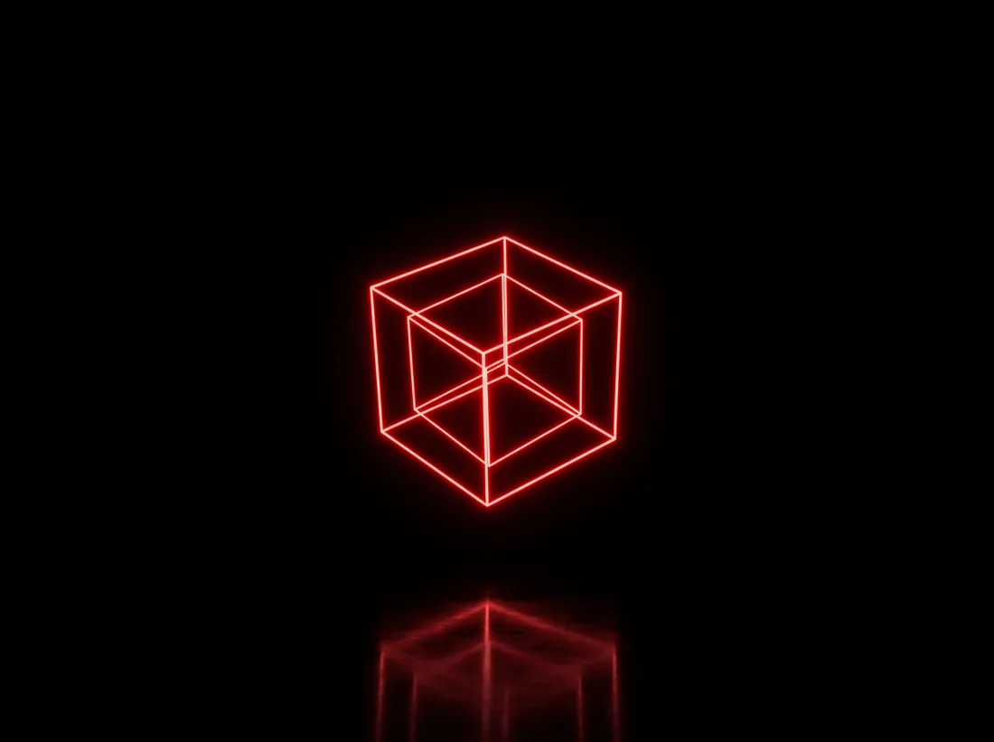 A glowing red neon wireframe cube floating in a black void.