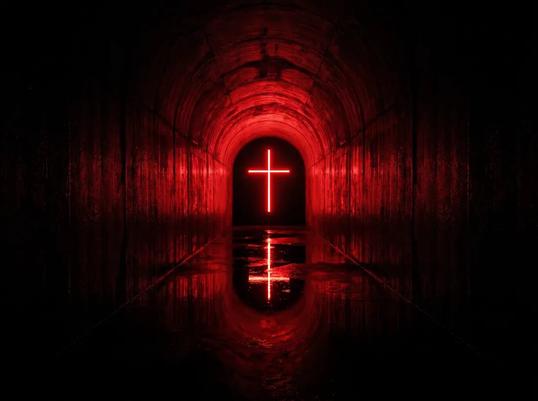 A red cross of light suspended at the end of a long dark tunnel.