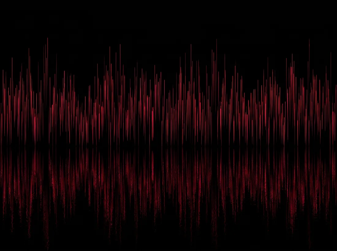 A dense field of thin red light streaks on black, like a waveform.