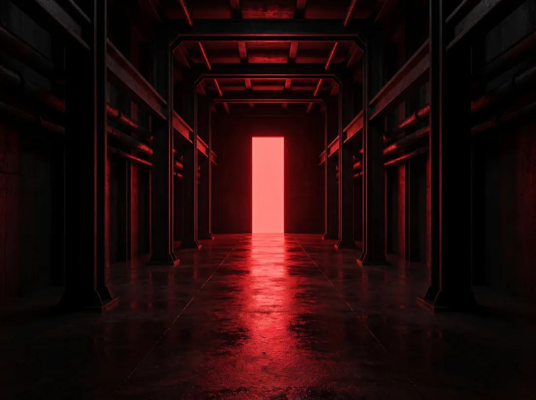 A pitch-black corridor with a glowing red doorway at the far end.